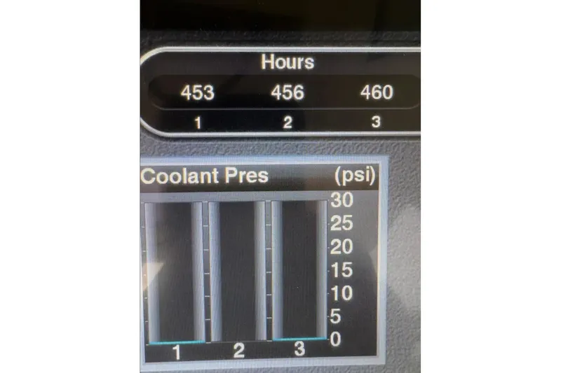  Yacht Photos Pics 2019 Scout 380 LXF engine hours and coolant pressure display, showing hours and PSI levels.