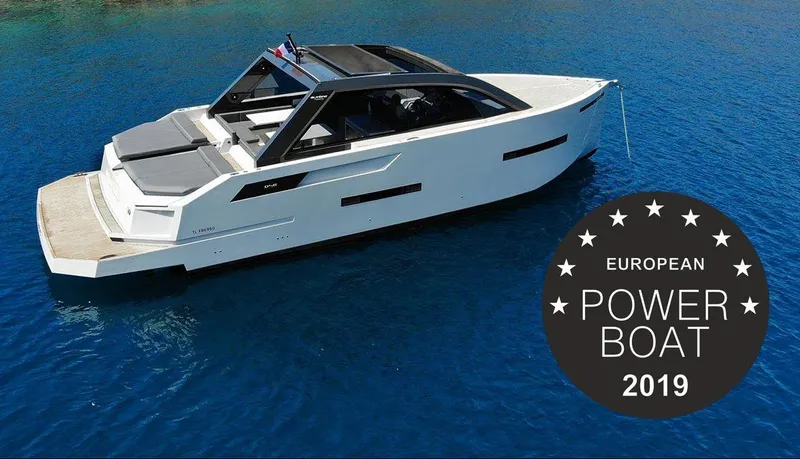  Yacht Photos Pics De Antonio Yachts D46 Cruiser 2020 on blue water, European Power Boat 2019 award.