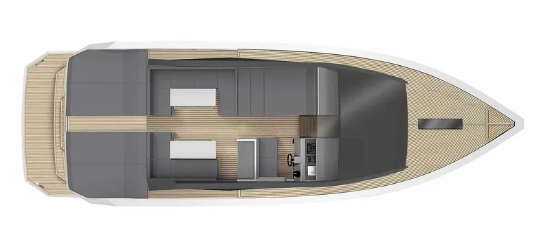  Yacht Photos Pics Top view of 2020 De Antonio Yachts D46 Cruiser, showcasing sleek design and spacious layout.