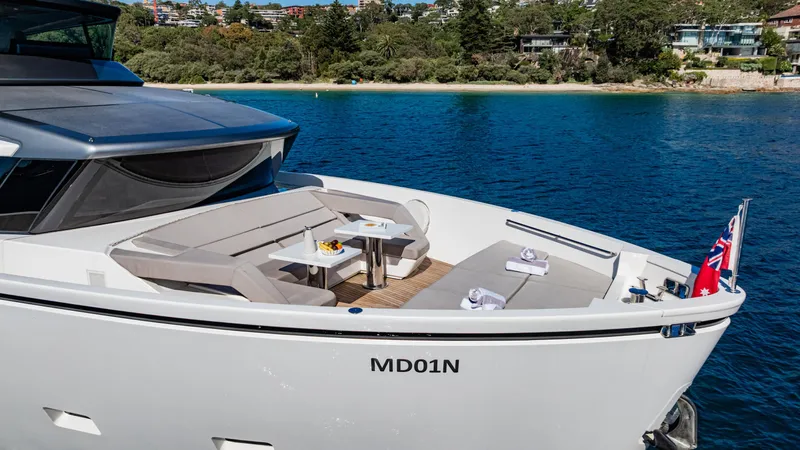 Donnachaidh Yacht Photos Pics Sanlorenzo SX76 yacht 2020, featuring a luxurious deck with seating, on a serene water backdrop.