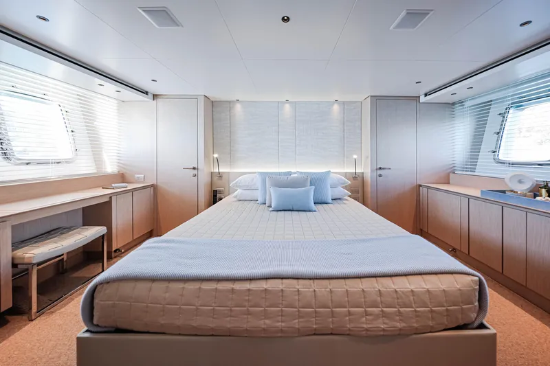 Donnachaidh Yacht Photos Pics Luxurious Sanlorenzo SX76 2020 yacht bedroom with modern design and large windows.
