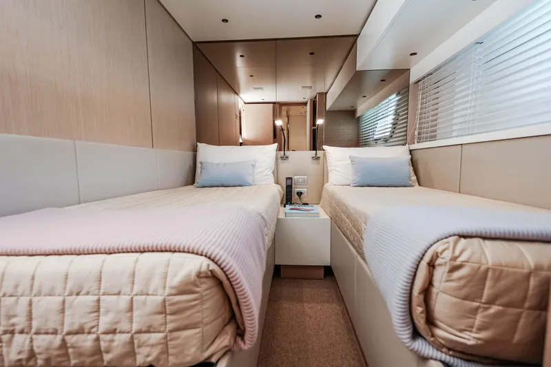 Donnachaidh Yacht Photos Pics Luxurious twin cabin interior of 2020 Sanlorenzo SX76 yacht, featuring modern design and cozy bedding.