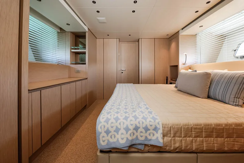 Donnachaidh Yacht Photos Pics Luxurious bedroom interior of 2020 Sanlorenzo SX76 yacht with modern design and cozy bedding.
