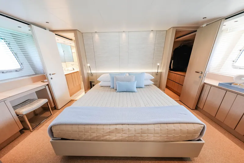 Donnachaidh Yacht Photos Pics Luxurious bedroom interior of 2020 Sanlorenzo SX76 yacht with modern design and elegant furnishings.