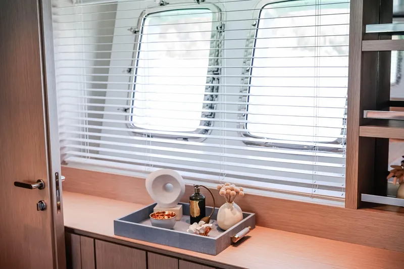 Donnachaidh Yacht Photos Pics Interior of 2020 Sanlorenzo SX76 yacht with elegant decor and window blinds.