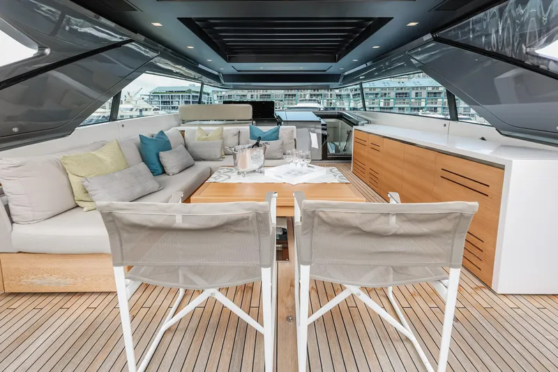Donnachaidh Yacht Photos Pics Luxurious Sanlorenzo SX76 yacht interior with elegant seating and modern design, 2020 model.