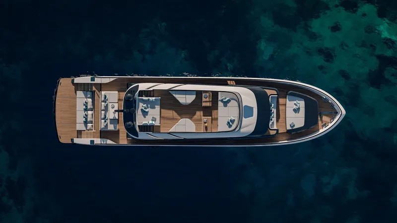  Yacht Photos Pics Aerial view of luxurious 2025 AB 95 yacht on clear blue water.