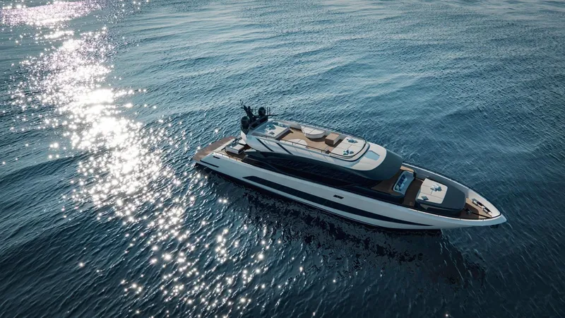  Yacht Photos Pics Luxurious 2025 AB 95 yacht cruising on sparkling blue ocean waters.