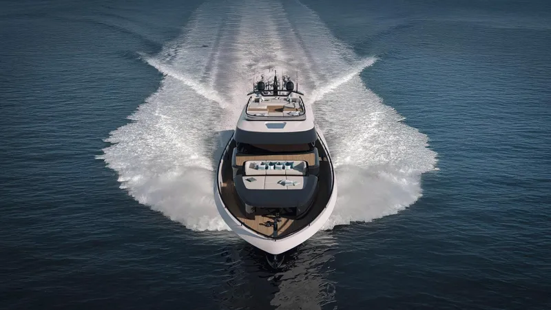  Yacht Photos Pics Luxurious 2025 AB 95 yacht cruising on open water, creating a dynamic wake.