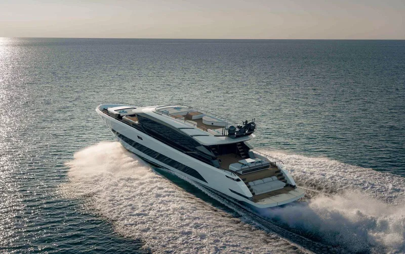  Yacht Photos Pics Luxurious 2025 AB 95 yacht cruising on open sea, creating a dynamic wake.