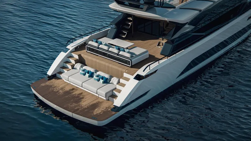  Yacht Photos Pics Luxurious 2025 AB 95 yacht with elegant deck seating on calm waters.