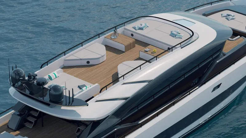  Yacht Photos Pics Luxurious 2025 AB 95 yacht with spacious deck and modern design on calm ocean waters.