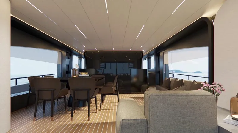  Yacht Photos Pics Luxurious interior of 2025 AB 95 yacht with modern seating and ocean view.