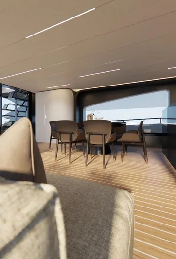  Yacht Photos Pics Modern yacht interior with elegant dining area, featuring sleek furniture and ambient lighting, AB 95, 2025.