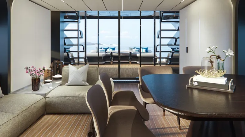  Yacht Photos Pics Luxurious yacht interior with modern decor, featuring a spacious lounge and ocean view. AB 95, 2025 model.