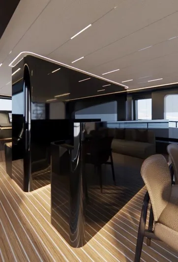  Yacht Photos Pics Luxurious yacht interior with sleek black surfaces and modern seating, AB 95 model, 2025.