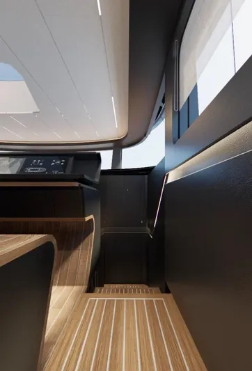  Yacht Photos Pics Modern interior of 2025 AB 95 yacht with sleek design and wood flooring.