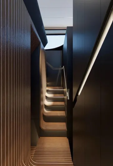  Yacht Photos Pics Modern staircase with sleek wooden design and ambient lighting, AB 95, 2025 model.