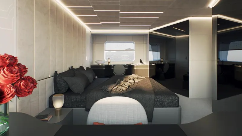  Yacht Photos Pics Luxurious modern bedroom interior with elegant decor, featuring roses and ambient lighting, in AB 95 model, 2025.
