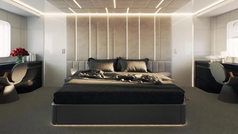  Yacht Photos Pics Luxurious modern bedroom with sleek design, featuring a large bed and elegant decor.