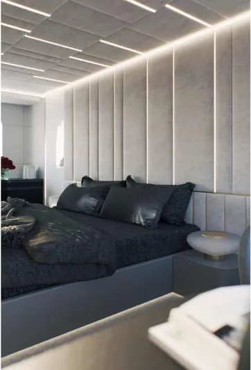  Yacht Photos Pics Modern bedroom with sleek design, featuring a luxurious bed and ambient lighting.