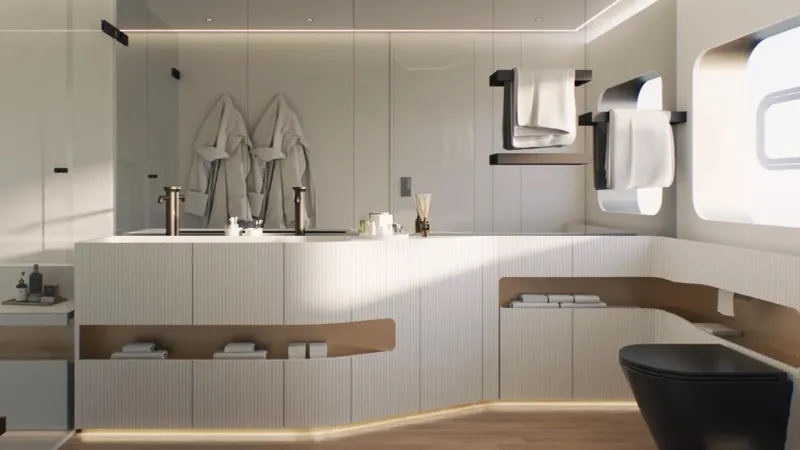  Yacht Photos Pics Modern yacht bathroom with sleek design, featuring towels, robes, and ambient lighting, AB 95 model 2025.