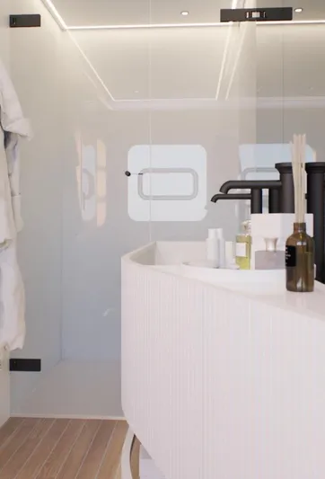  Yacht Photos Pics Modern bathroom interior with sleek fixtures, wooden flooring, and ambient lighting in AB 95 model, 2025.