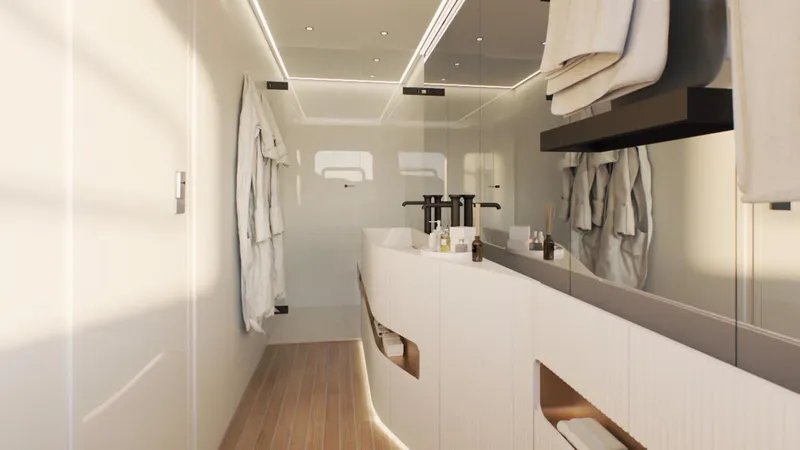  Yacht Photos Pics Luxurious modern bathroom with sleek design, featuring elegant fixtures and soft lighting, in AB 95 yacht.