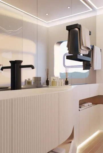  Yacht Photos Pics Modern bathroom interior with sleek fixtures, ambient lighting, and elegant towel storage on AB 95 yacht, 2025.