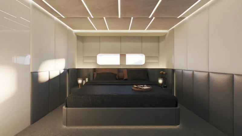  Yacht Photos Pics Luxurious modern bedroom interior in AB 95, 2025 model yacht.