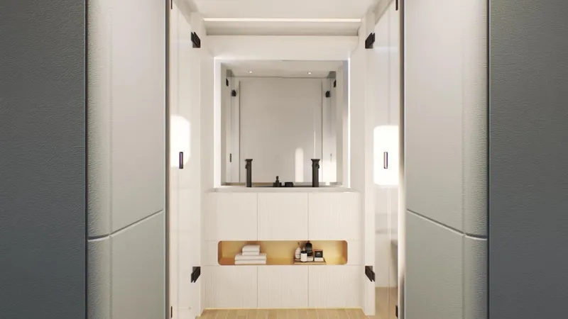  Yacht Photos Pics Modern bathroom interior with sleek design, featuring a minimalist vanity and ambient lighting.