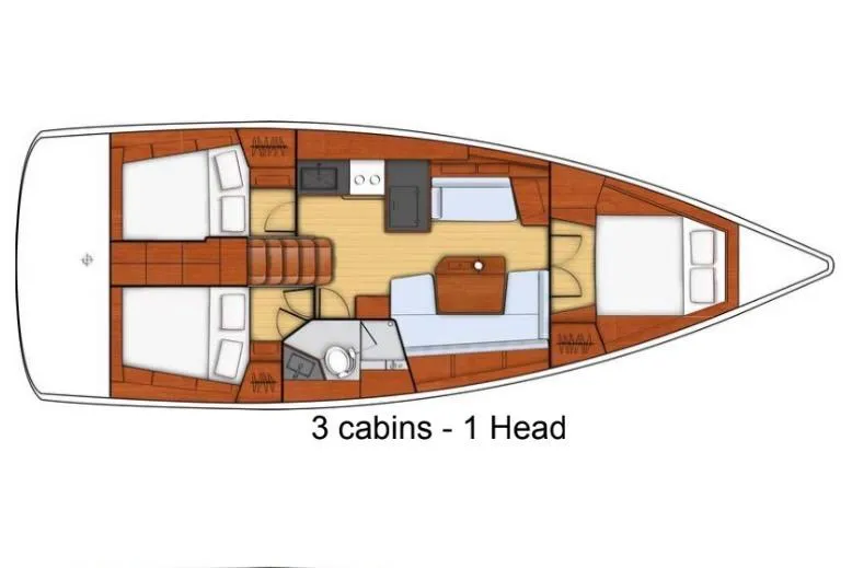 Deli Mavi Yacht Photos Pics 2019 Beneteau Oceanis 41.1 layout with three cabins and one head.