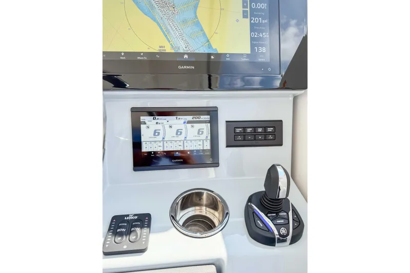  Yacht Photos Pics 2024 Pursuit DC 365 Dual Console dashboard with Garmin navigation and control systems.