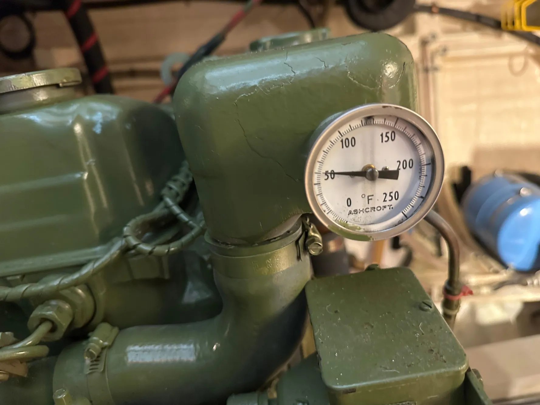 1982 Grand Banks Classic engine with temperature gauge, showing 0 to 250°F range.