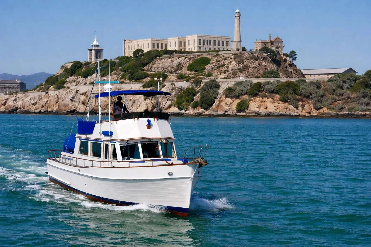 1982 Grand Banks Classic boat cruising near Alcatraz Island, San Francisco Bay.