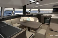 Luxurious interior of 2026 Nautitech 44 Open catamaran with modern kitchen and seating area.