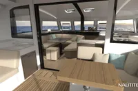Luxurious interior of 2026 Nautitech 44 Open catamaran with modern seating and ocean view.