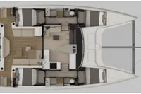 Top view of 2025 Nautitech 44 Open catamaran layout, showcasing spacious interior design.