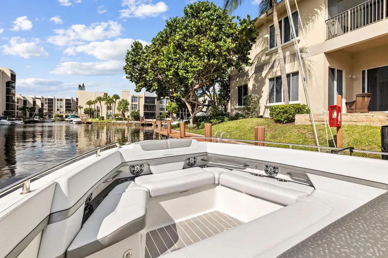 Happy 2 Gether Yacht Photos Pics 2021 Formula 380 Super Sport Crossover OB in a tranquil harbor.