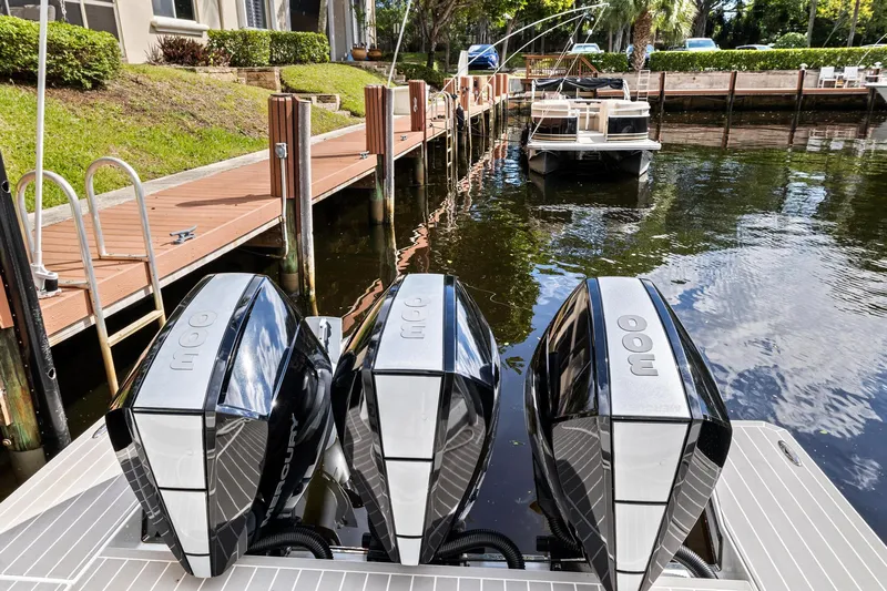 Happy 2 Gether Yacht Photos Pics 2021 Formula 380 Super Sport Crossover OB with triple outboard engines at dock.