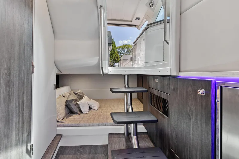 Happy 2 Gether Yacht Photos Pics Interior of 2021 Formula 380 Super Sport Crossover OB with stairs and bed.