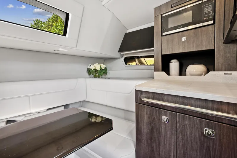 Happy 2 Gether Yacht Photos Pics Interior of 2021 Formula 380 Super Sport Crossover OB with modern kitchenette.