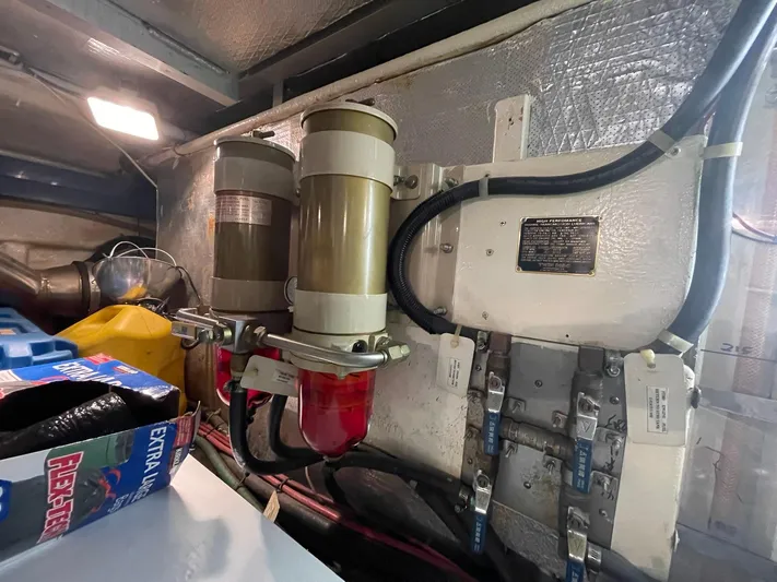 Sojourner Yacht Photos Pics Engine room of 2002 Transpacific Marine EAGLE 53 with fuel filters and wiring.
