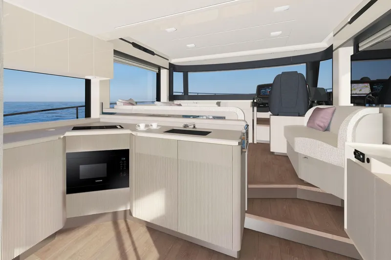  Yacht Photos Pics Luxurious interior of 2026 Absolute NAVETTA 50 yacht with modern kitchen and ocean view.