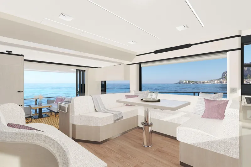  Yacht Photos Pics Luxurious interior of 2026 Absolute NAVETTA 50 yacht with ocean view and modern seating.