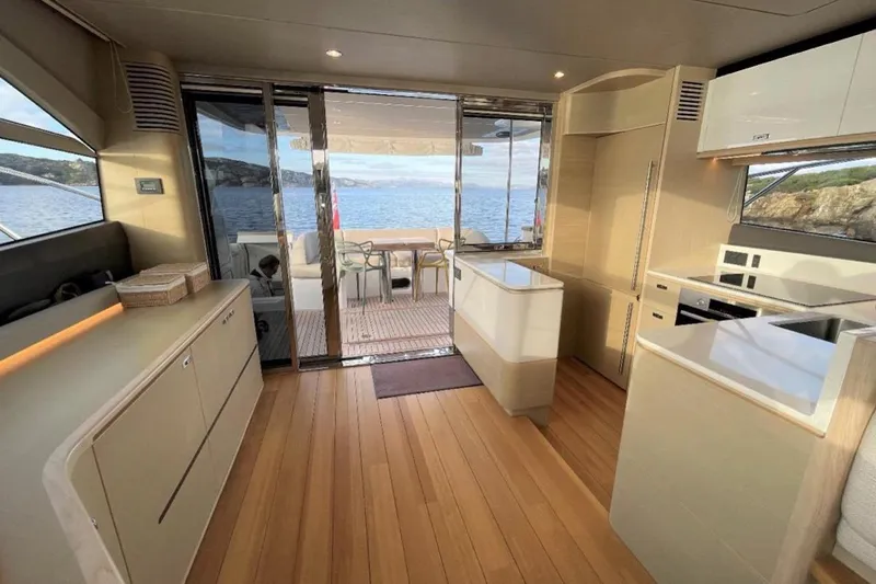 Placid Yacht Photos Pics Luxurious 2019 Princess F55 yacht interior with modern kitchen and ocean view.