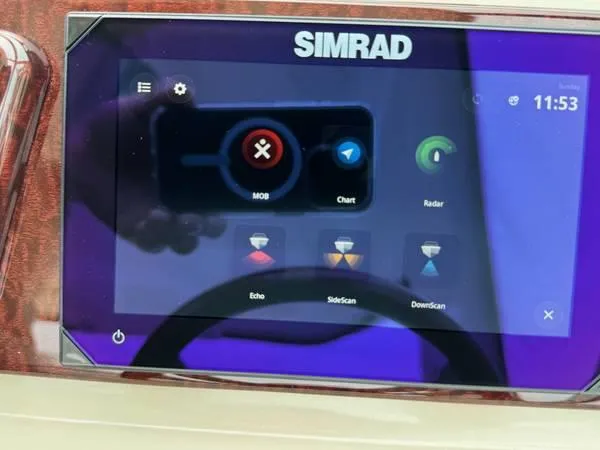  Yacht Photos Pics Simrad navigation display on 2010 Sea Ray 370 Sundancer boat, showing radar and chart options.