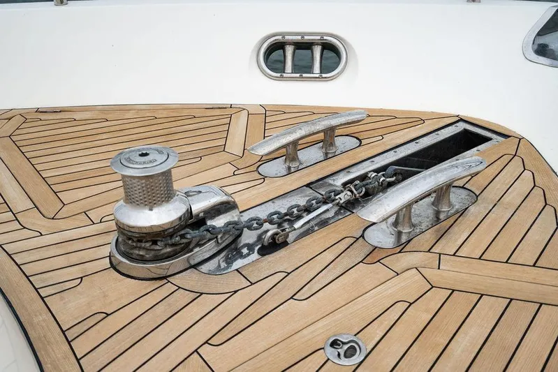  Yacht Photos Pics Deck of 2012 Princess Flybridge 72 Motor Yacht with anchor chain and cleats.