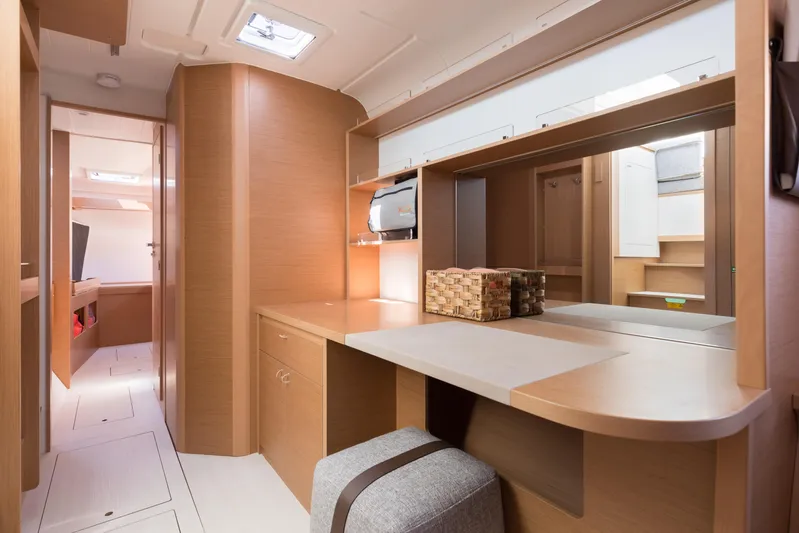 In Stock Yacht Photos Pics 2024 Excess 14 yacht interior with modern wood finish and spacious design.