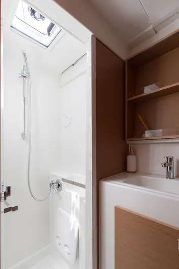 In Stock Yacht Photos Pics 2024 Excess 14 yacht bathroom with modern shower and sink.